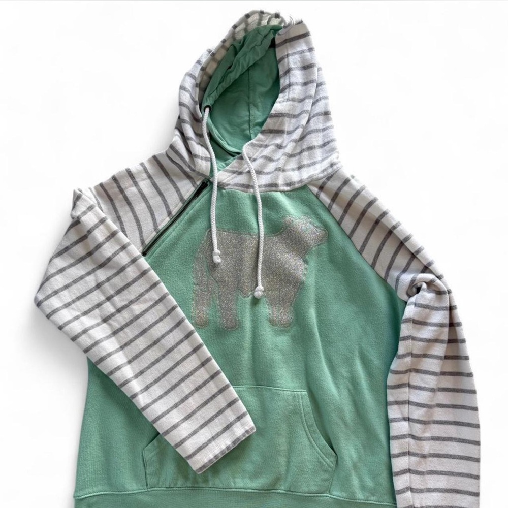 Striped Teal Hoodie with Cow Design